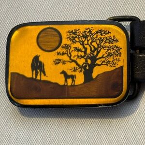 Vintage Harmony Metal Inlaid Wood Belt Buckle Black Leather Money Belt Horse USA